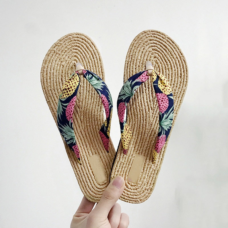 Summer Straw Flax Flip Flops Women