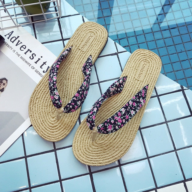 Summer Straw Flax Flip Flops Women
