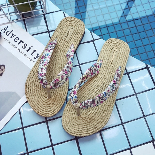 Summer Straw Flax Flip Flops Women