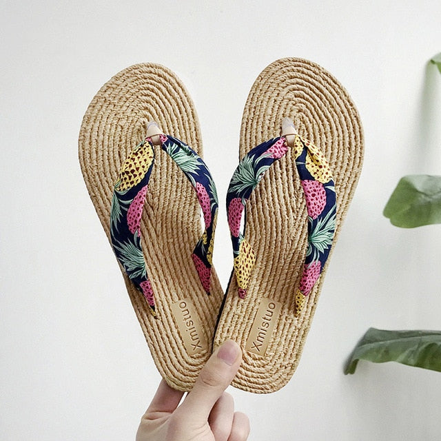 Summer Straw Flax Flip Flops Women