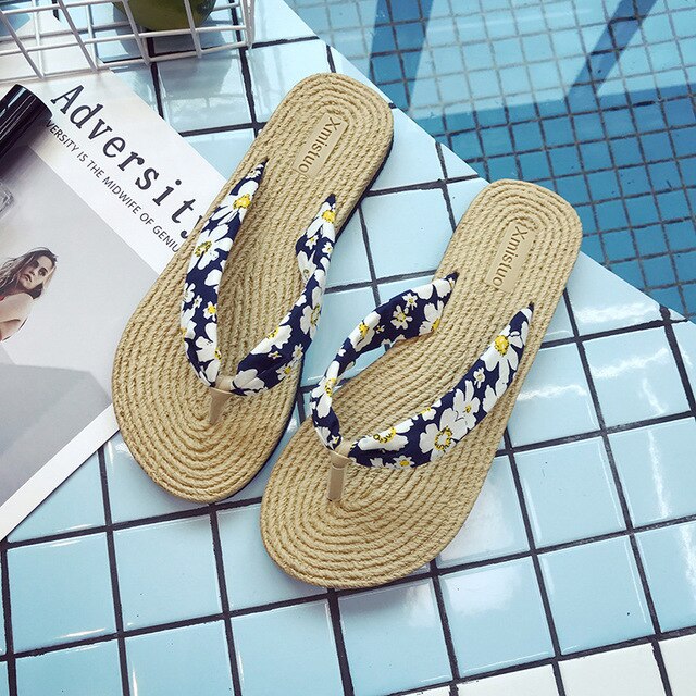 Summer Straw Flax Flip Flops Women