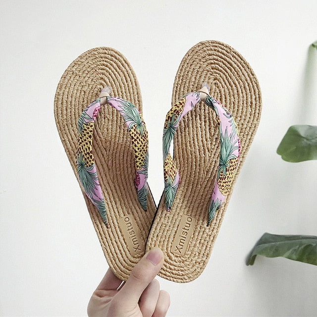 Summer Straw Flax Flip Flops Women