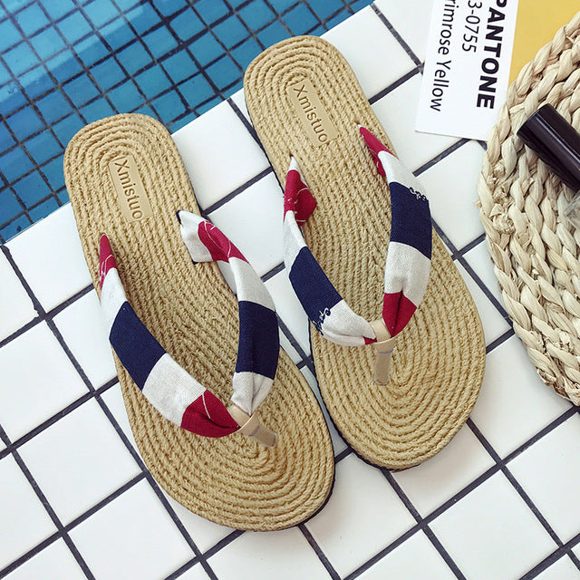 Summer Straw Flax Flip Flops Women